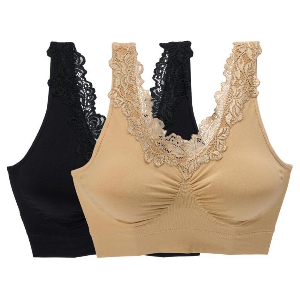 Rhonda Shear 2 Pk Seamless Bra with Lace Inset Plus Size 2X Black Beige 631.6